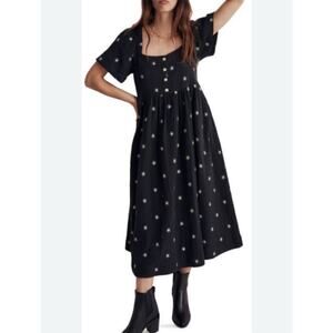 Madewell Midi Dress Black Cotton Gauze Button Pockets Classic Boho Square Neck